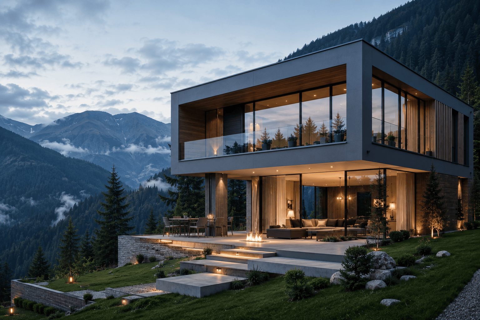 Moderner kubischer Bergbau im Stil eines Chalets in den Karpaten mit fotorealistischer 3D-Visualisierung